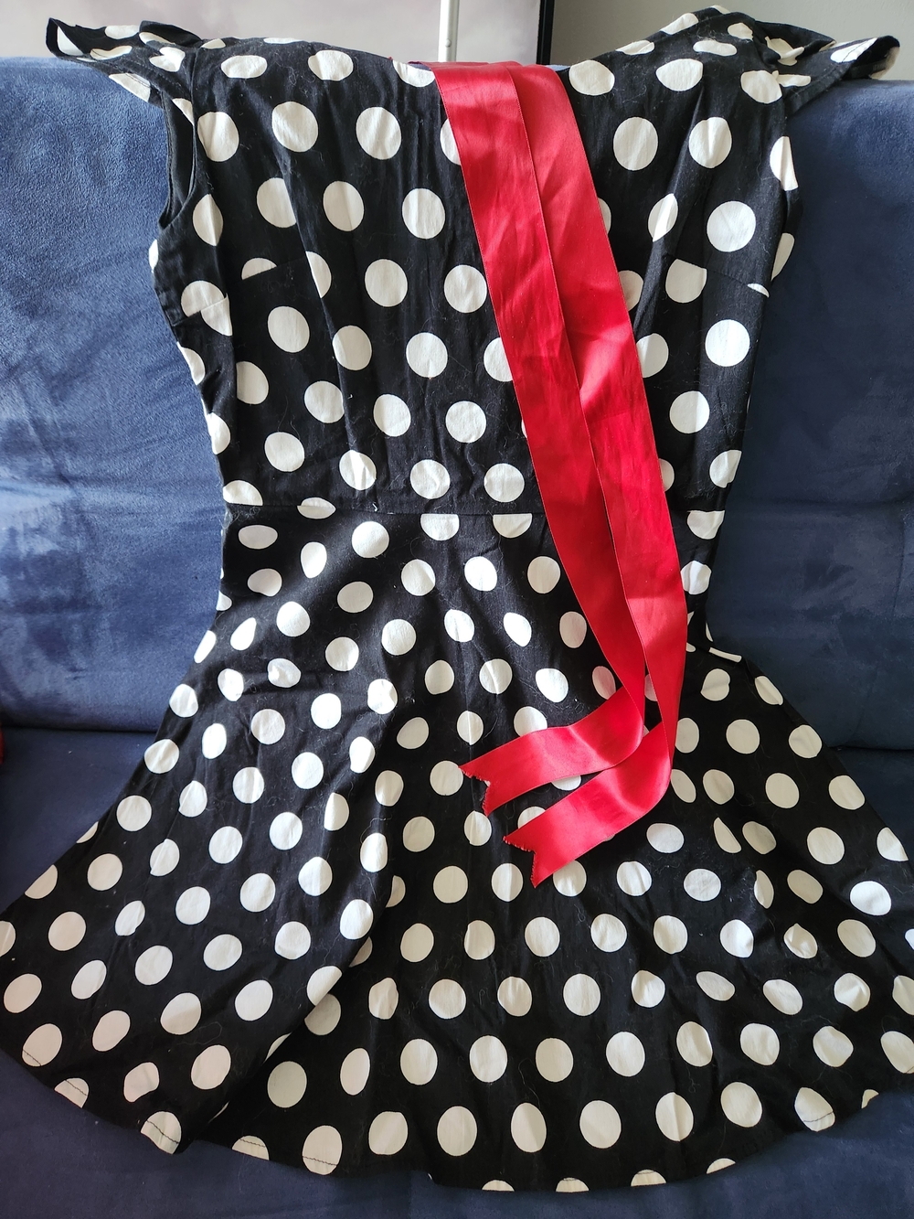 Girls Black & White Polka Dot Dress with Red Sash